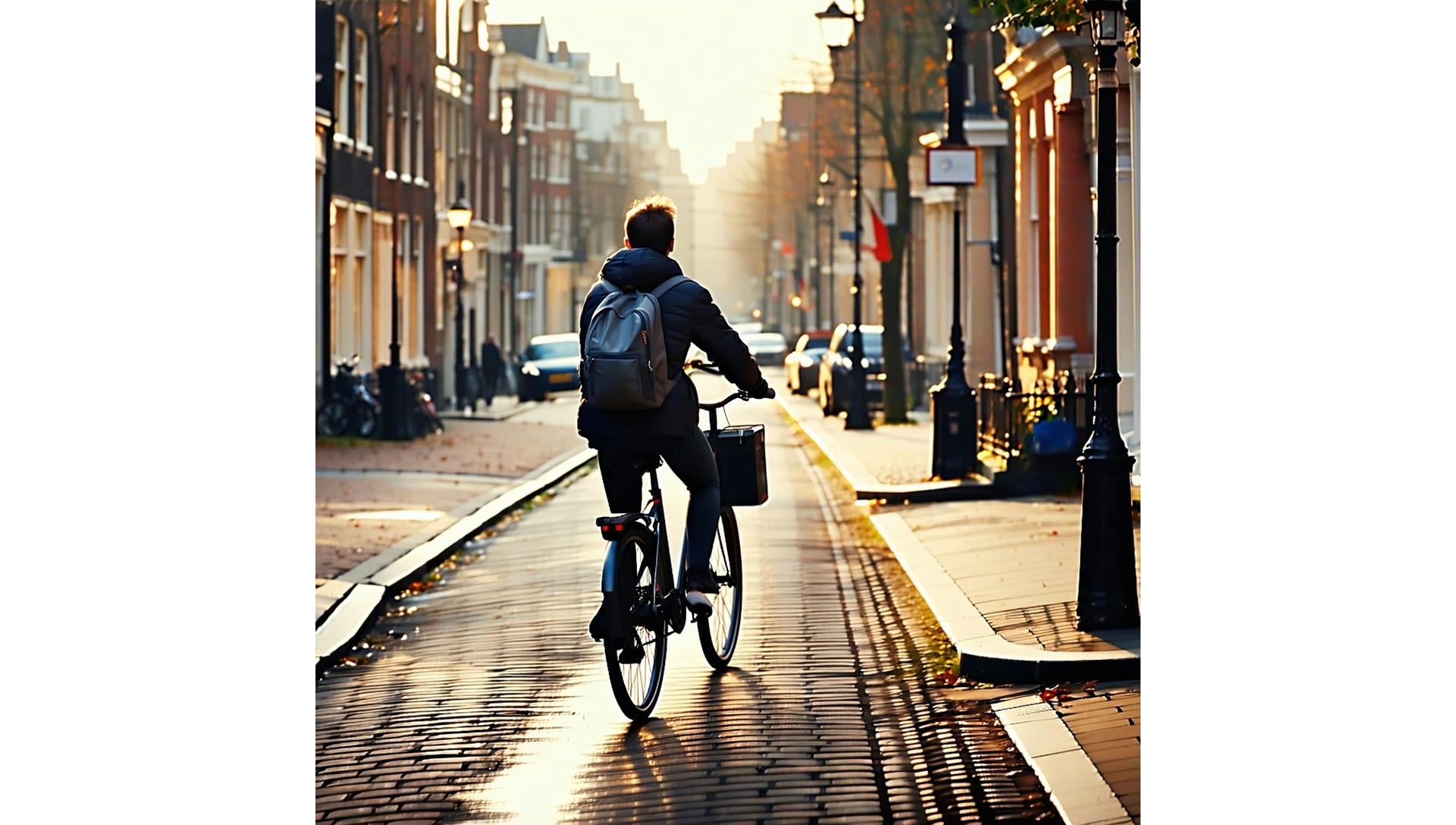 Persoon fietst op een elektrische fiets door een historische straat in Amsterdam